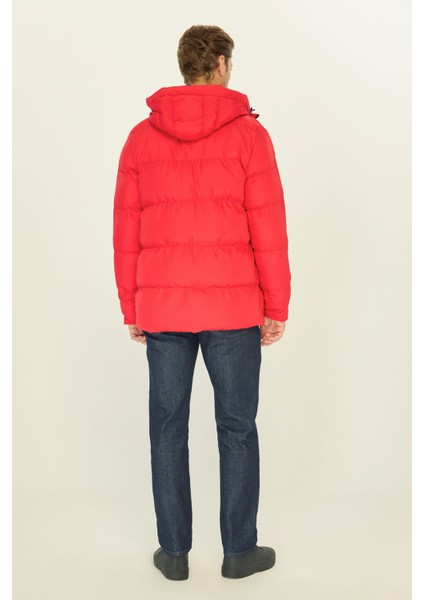 Erkek Kırmızı Elyaflı Kapüşonlu Rüzgar Geçirmez Şişme Kışlık Mont