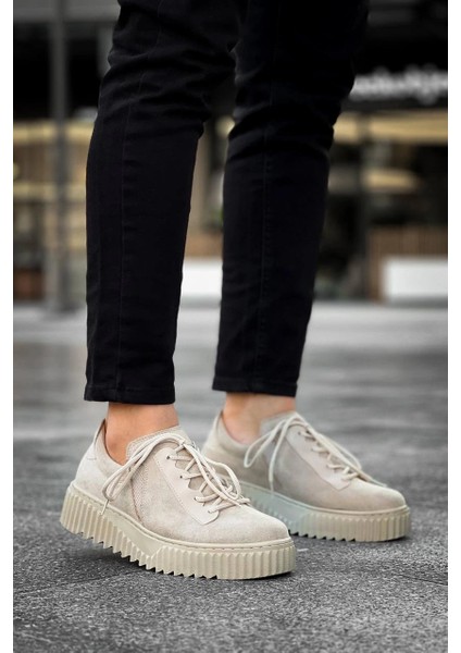 Mtxdpn KB-X502 Kuback Bej Süet Yüksek Bej Taban Bağcık Detaylı Lastikli Günlük Erkek Ayakkabı (Numara: 42)