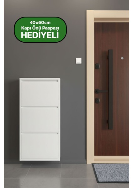 Üç Katlı Duvara Sabitlenebilir Metal Ayakkabılık 40X60 cm Kapı Paspası Hediyeli
