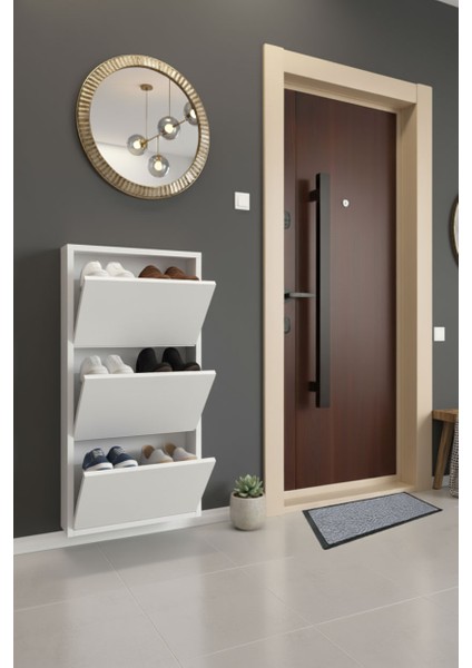 Üç Katlı Duvara Sabitlenebilir Metal Ayakkabılık 40X60 cm Kapı Paspası Hediyeli modelleri