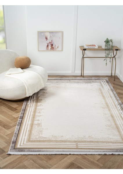 Ottowa OT001G Krem Gri Halı Klasik Desenli Tozu Az Akrilik Pamuk Taban Salon Yatak Odası Halısı