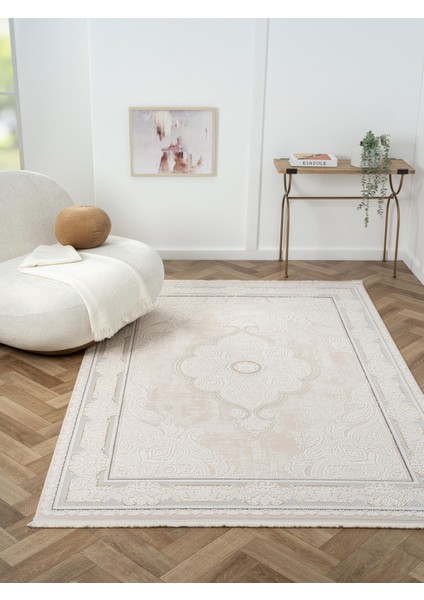 Ottowa OT002G Krem Bej Halı Klasik Desenli Tozu Az Akrilik Pamuk Taban Salon Yatak Odası Halısı