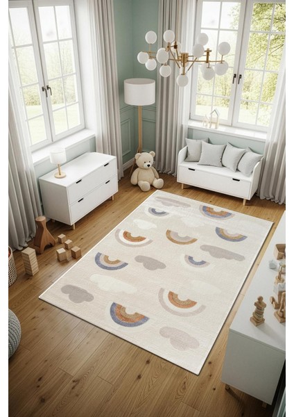 Cotto Kids CK006R Krem Halı Gökkuşağı Desenli Kaymaz Tabanlı Yumuşak Yıkanabilir Çocuk Odası Halısı
