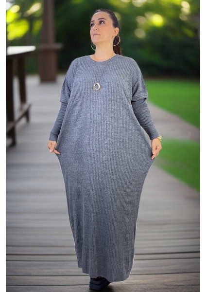 Saç Örgü Desenli %100 Akrilik Düşük Kol Bisiklet Yaka Ekstra Büyük Beden Triko Elbise modelleri