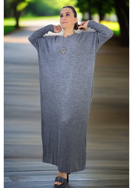 Saç Örgü Desenli %100 Akrilik Düşük Kol Bisiklet Yaka Ekstra Büyük Beden Triko Elbise indirimleri