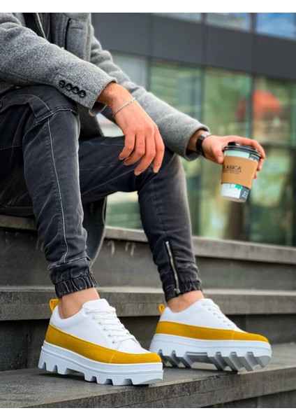 Mtxdpn KB-056 Kuback Beyaz Sarı Detaylı Beyaz Yüksek Taban Günlük Spor Ayakkabı (Numara: 43)