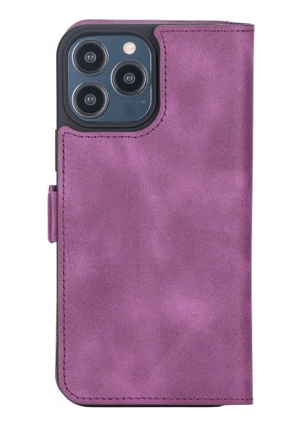 Apple iPhone 13 Pro Max Uyumlu Deri Cüzdanlı Kılıf Rustik Mor modelleri