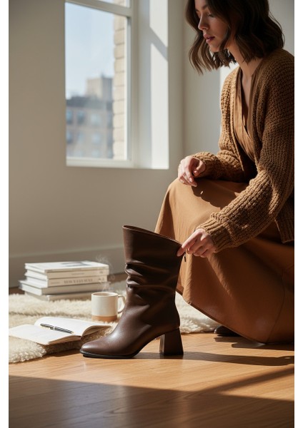 Velikundura Kahve Arkadan Fermuarlı Sivri Burun Kalın Topuk Körüklü Kadın Çizme