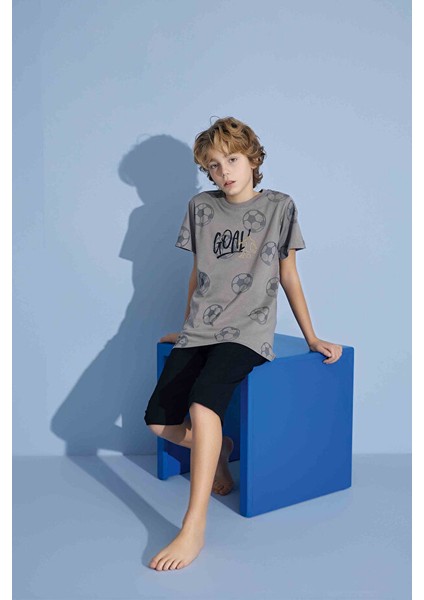 Erkek Çocuk Goal T-Shirt Bermuda Alt Penye Süprem Bisiklet Yaka Orta Kalın Pijama TAKIMI-3938