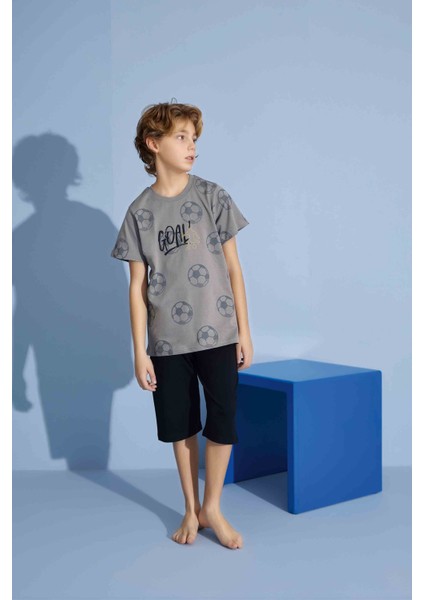 Erkek Çocuk Goal T-Shirt Bermuda Alt Penye Süprem Bisiklet Yaka Orta Kalın Pijama TAKIMI-3938 fırsatları
