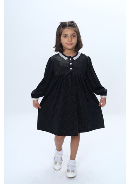 Kız Çocuk Yaka Düğmeli Fırfırlı Elbise modelleri