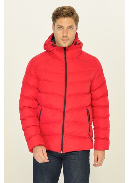 Erkek Kırmızı Elyaflı Kapüşonlu Rüzgar Geçirmez Şişme Kışlık Mont
