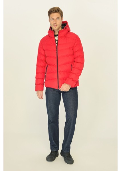 Erkek Kırmızı Elyaflı Kapüşonlu Rüzgar Geçirmez Şişme Kışlık Mont fırsatları
