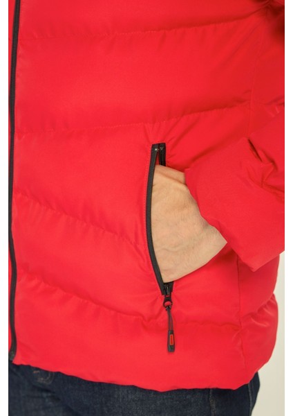 Erkek Kırmızı Elyaflı Kapüşonlu Rüzgar Geçirmez Şişme Kışlık Mont
