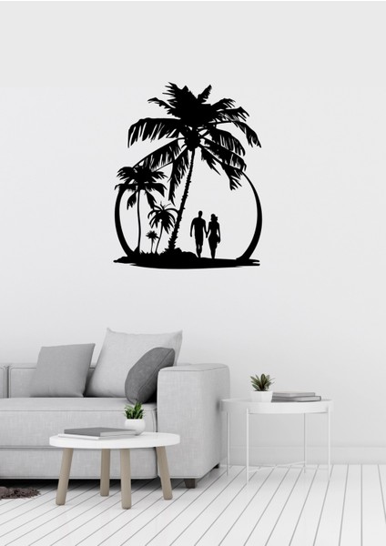 Sahilde Yürüyen Çift Figürlü Siyah Metal Duvar Süsü