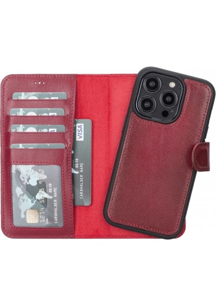 Apple iPhone 14 Pro Uyumlu Deri Cüzdanlı Kılıf Mwwn V4EF Kırmızı indirimleri