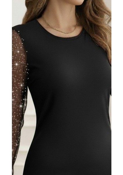 Kadın Bisiklet Yaka Kol Tül Detay Dalgıç Mini Boy Elbise fiyatları