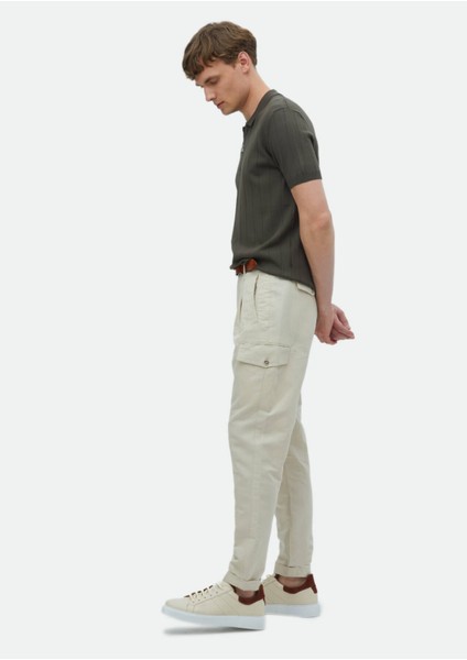Bej Düz Dokuma Carrot Fit Casual Pamuk Karışımlı Pantolon