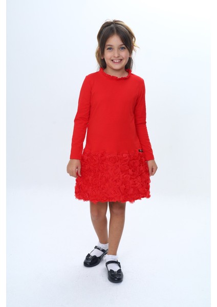 Kız Çocuk Yaka Fırfır Etek 3D Güllü Elbise
