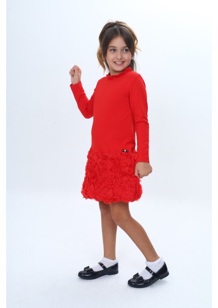Kız Çocuk Yaka Fırfır Etek 3D Güllü Elbise fiyatları