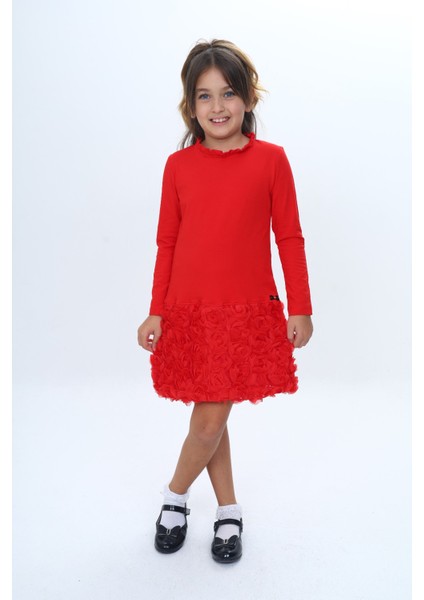 Kız Çocuk Yaka Fırfır Etek 3D Güllü Elbise fırsatları