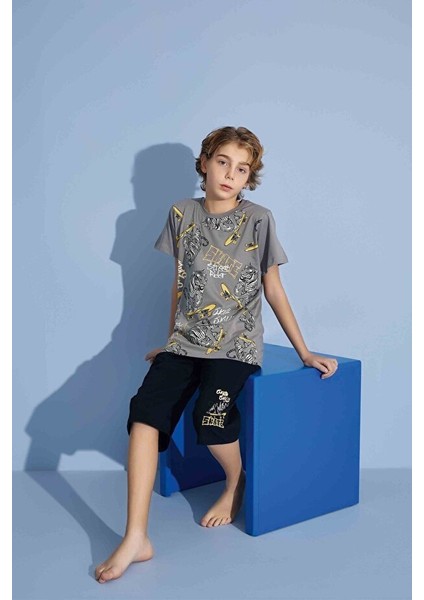 Erkek Çocuk Kaplan T-Shirt Bermuda Alt Penye Süprem Bisiklet Yaka Orta Kalın Pijama TAKIMI-3975