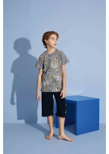 Erkek Çocuk Kaplan T-Shirt Bermuda Alt Penye Süprem Bisiklet Yaka Orta Kalın Pijama TAKIMI-3975 fiyatları