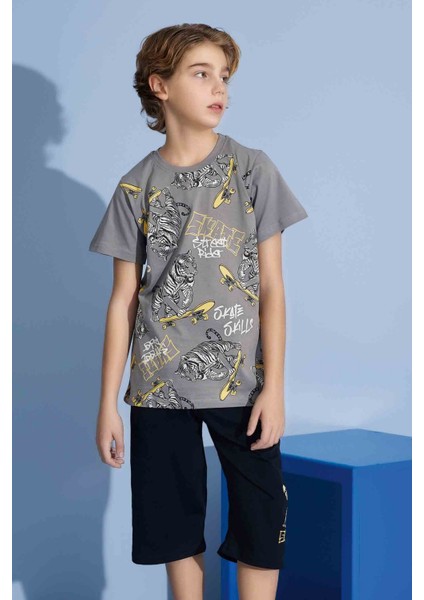 Erkek Çocuk Kaplan T-Shirt Bermuda Alt Penye Süprem Bisiklet Yaka Orta Kalın Pijama TAKIMI-3975 modelleri