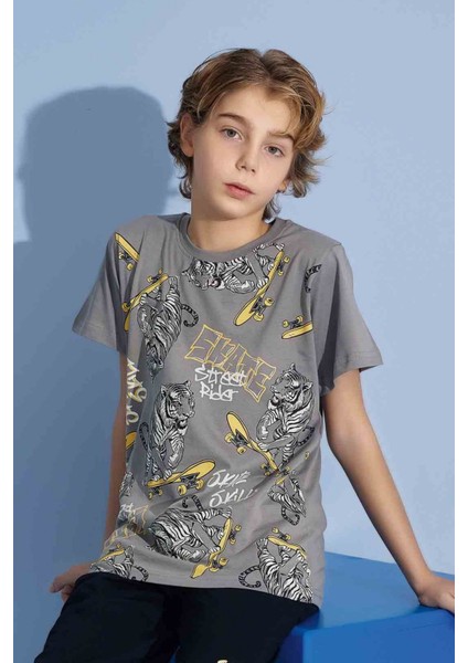 Erkek Çocuk Kaplan T-Shirt Bermuda Alt Penye Süprem Bisiklet Yaka Orta Kalın Pijama TAKIMI-3975 fırsatları