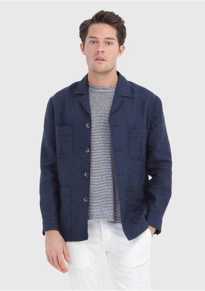 Lacivert Düz Slim Fit Pamuk Karışımlı Ceket