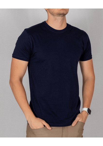 Erkek Lacivert Slim Fit Bisiklet Yaka T-Shirt