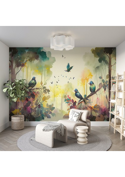Kuşlar ve Ağaçlar Desenli Silinebilir Kumaş Duvar Kağıdı - En x Boy - Cafe ve Ofis Dekor