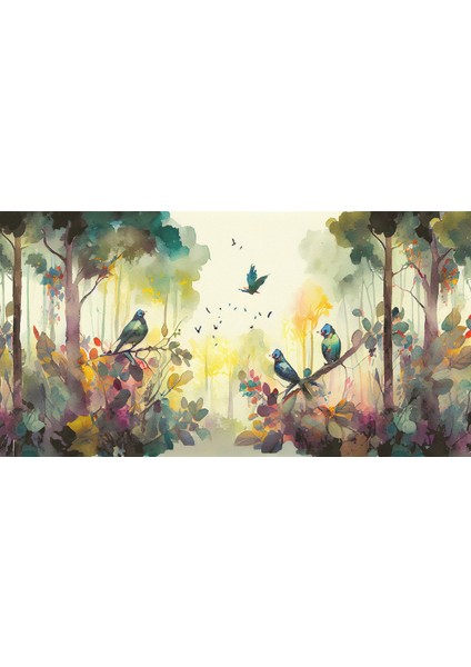 Kuşlar ve Ağaçlar Desenli Silinebilir Kumaş Duvar Kağıdı - En x Boy - Cafe ve Ofis Dekor fiyatları