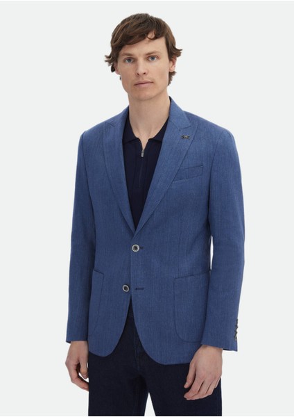 İndigo Desenli Zeroweight Slim Fit Pamuk Karışımlı Ceket