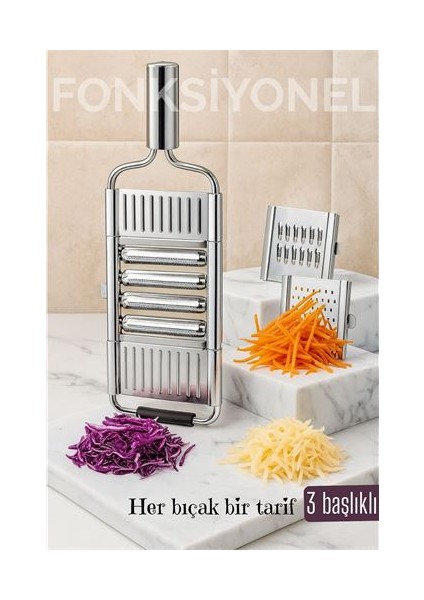 Paslanmaz Çelik Sebze Rendesi – Değiştirilebilir 3 Bıçaklı Çok Fonksiyonlu Hızlı ve Pratik