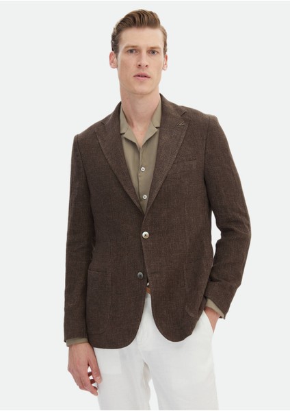 Kahverengi Desenli Shirt Shoulder Slim Fit %100 Keten Ceket