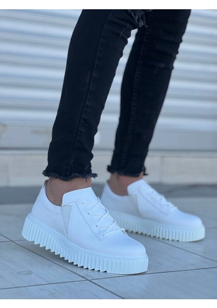 Mtxdpn KB-X502 Kuback Beyaz Cilt Yüksek Beyaz Taban Bağcık Detaylı Lastikli Günlük Erkek Ayakkabı (Numara: 42)