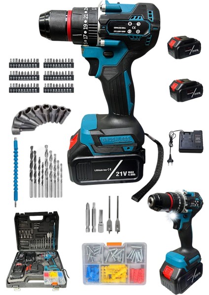 21 V 3 Ah Çift Akülü Çelik Mandren Kömürsüz Darbeli Şarjlı Matkap Vidalama