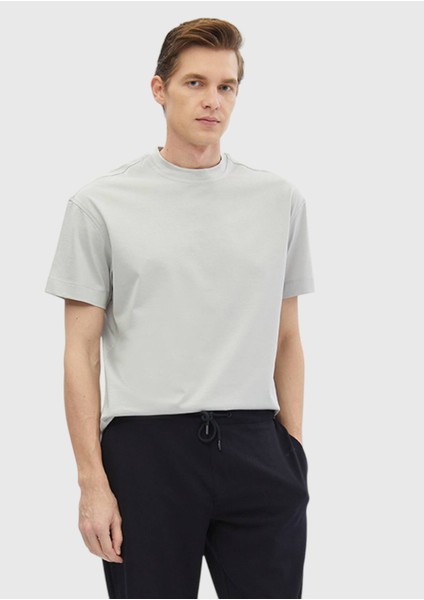 Açık Gri Düz Bisiklet Yaka %100 Pamuk T-Shirt modelleri