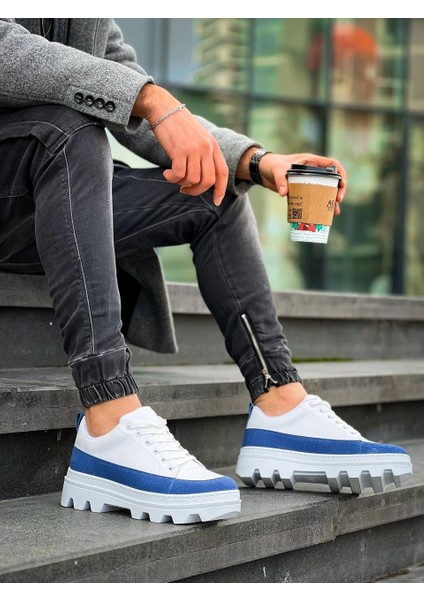 Mtxdpn KB-056 Kuback Beyaz Mavi Detaylı Beyaz Yüksek Taban Günlük Spor Ayakkabı (Numara: 44)