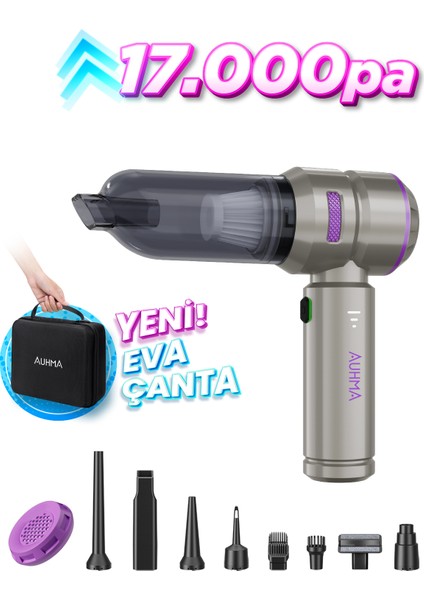 Ahv-02 Kablosuz Araç Içi Süpürge Mor | 17000PA Güçlü Vakum | Fırçasız Motor | Üfleme & Vakum Özellikli | 9 Başlık + Type-C Kablo