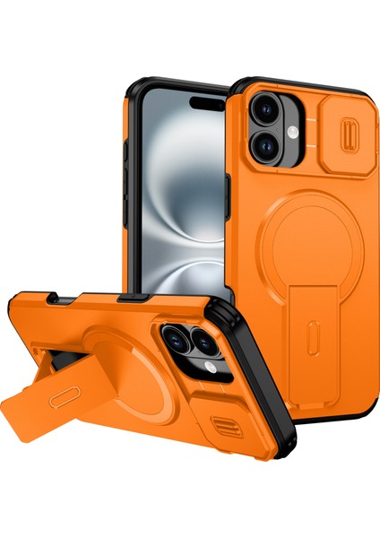 iPhone 16 Plus Için Manyetik Kılıf, Kayar Kamera Korumalı Çift Katmanlı Darbeye Dayanıklı Telefon Kılıfı, Ayarlanabilir Stand, Turuncu (Yurt Dışından)