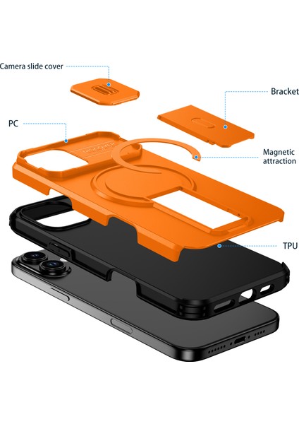 iPhone 16 Plus Için Manyetik Kılıf, Kayar Kamera Korumalı Çift Katmanlı Darbeye Dayanıklı Telefon Kılıfı, Ayarlanabilir Stand, Turuncu (Yurt Dışından) fiyatları