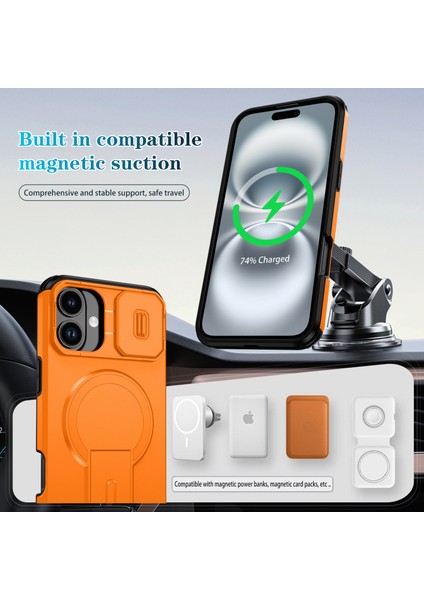 iPhone 16 Plus Için Manyetik Kılıf, Kayar Kamera Korumalı Çift Katmanlı Darbeye Dayanıklı Telefon Kılıfı, Ayarlanabilir Stand, Turuncu (Yurt Dışından) modelleri