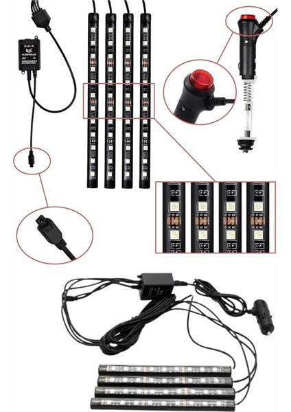 Rgb Işıklı Araç Içi Aydınlatma Kumandalı 12'li LED Işık Renk Değiştirebi - SBS9809-2488 modelleri