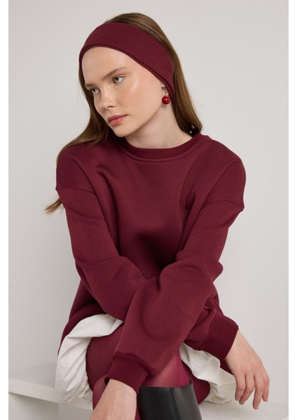 Kadın Bordo Basic Yırtmaçlı Oversize 3 Iplik Şardonlu Sweatshirts 30078