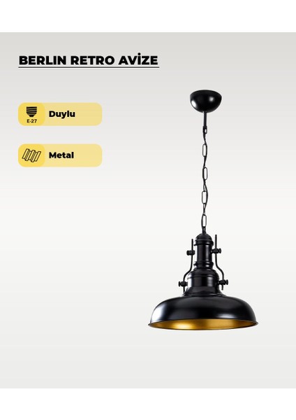 Berlin Retro Avize Siyah / Metal - E27 Duylu