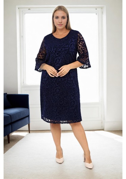 E2654 Dewberry Spanish Sleeve Plus Size Evening Dress-Lacivert