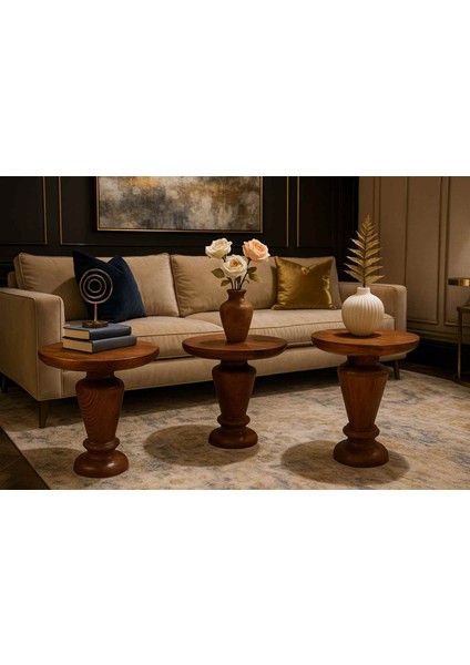 El Yapımı Ahşap Mantar Sehpa 3’lü Set – Doğal Meşe Zigon Sehpa