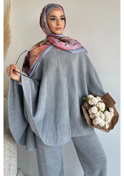 Kadın Gold Düğmeli Kemer Detaylı Triko Panço Pantolon Ikili Takım P-00019028